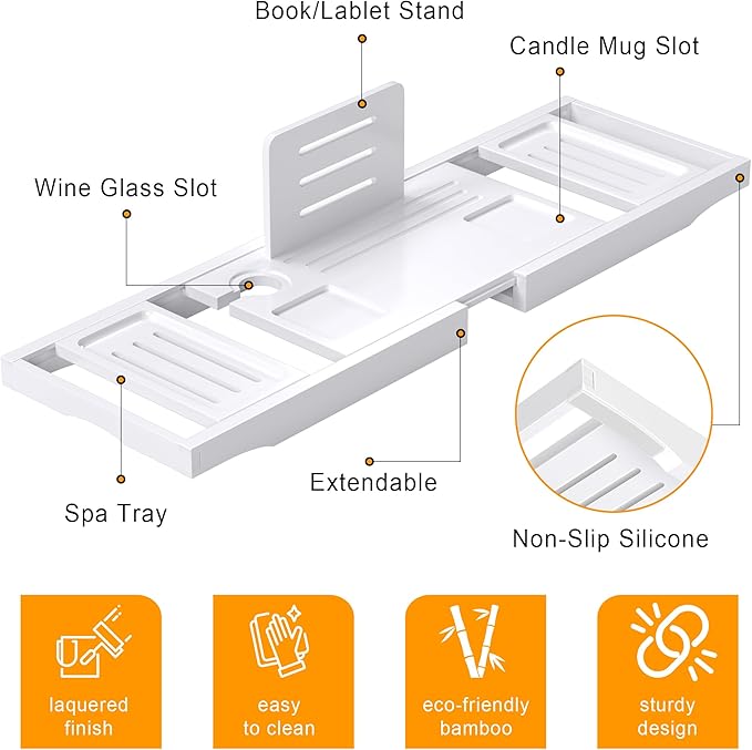 Bathtub Tray Caddy,Premium Bamboo Expandable Bath Tub Trays Table, Foldable Bathroom Accessories,Great House Warming, Anniversary and Birthday Gifts,White