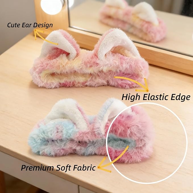 2 PCS Cute Cat Ear Spa Headband For Washing Face, Skincare Makeup Headbands For Women, Soft Coral Fleece Hair Accessories (Gradient Pink, Blue)