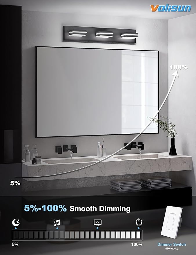 VOLISUN Modern Black Bathroom Vanity Light Fixtures (3-Light, 24-Inch), 5CCT Dimmable Bathroom Lighting Fixtures Over Mirror