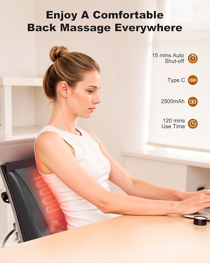 Snailax Shiatsu Back Massager with Heat Vibration, Rechargeable Cordless Neck Back Massager for Pain Relief Deep Tissue, 4D Deep Kneading Back Massage Pillow, Gifts for Mom Dad-Home Office Use