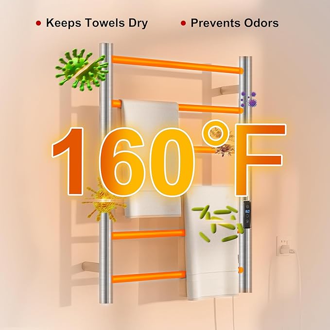 Heated Towel Racks for Bathroom, Wall Mounted Electric Towel Warmer Racks with Timer & Temperature Control, 6 Bar Stainless Steel Towel Heater for Bathroom, Brushed Silver, Plug-in