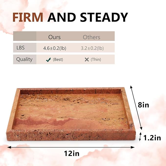 Real Natural Marble Tray for Bathroom, Vanity, Kitchen and Desktop, Rectangle Genuine Marble Stone Tray for Jewelry, Cosmetics, Candles, Lotion, Perfume (Red, 12" x 8" x 1.2")