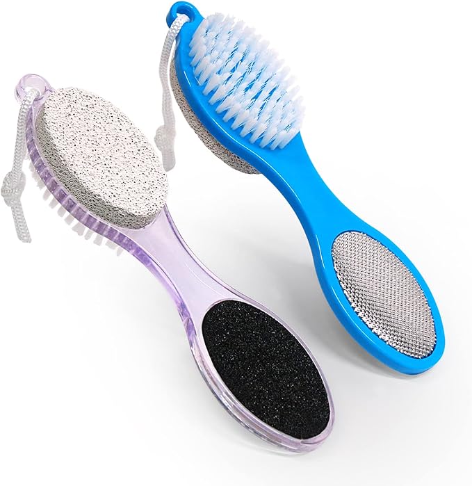2-Pack 4 in 1 Pedicure Tool Callus Remover - Foot Scrubber with Pumice Stone, Cleaning Brush, Metal Rasp & Sandpaper for Dead Skin and Shower (Lilac and Blue)