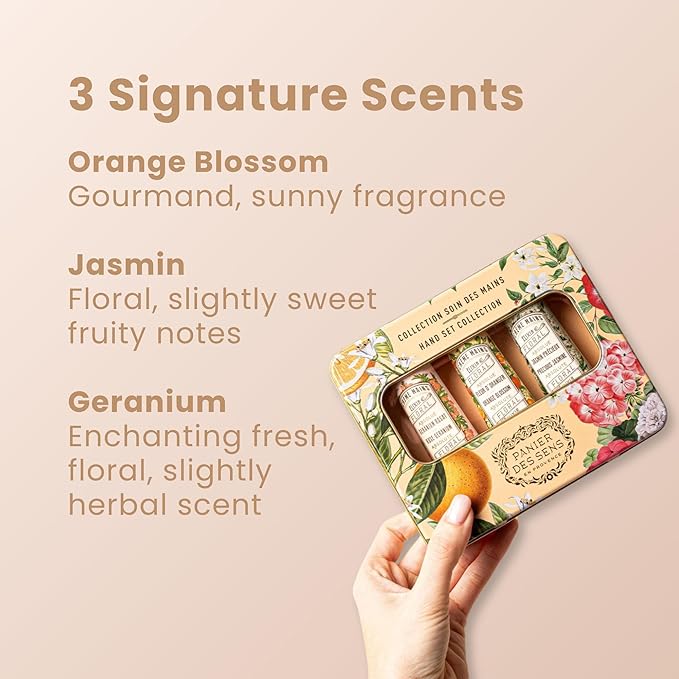 Panier des Sens - Mini Hand Cream Set - Gifts for Women - Orange Blossom, Jasmine, Geranium Natural Hand Cream - Mothers Day Gift Ideas Made in France - 96% Natural - Hand Lotion Travel Size 3x1 Floz