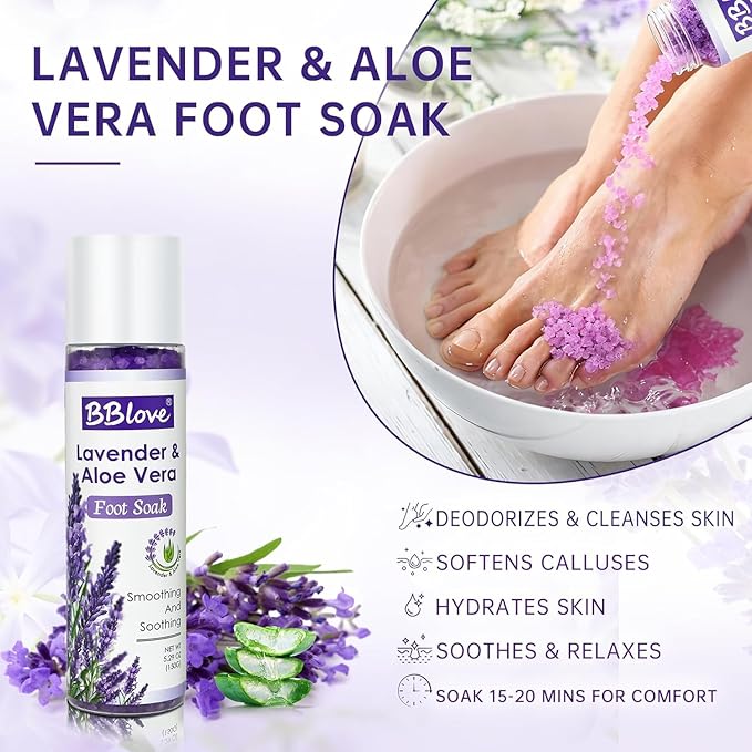 Lavender Foot Soak Set – Foot Spa Kit for Women, Pedicure Kit at Home with Salt, Scrub, Foot File & Moisturizing Gel Socks – Spa Gift Set for Dry, Cracked Feet