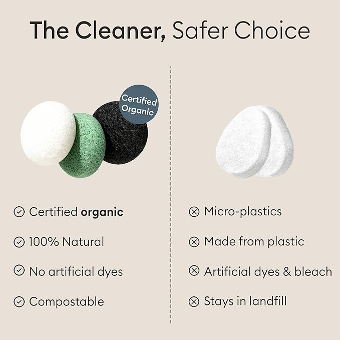 Vove Organic Konjac Facial Sponges 3-Pack - Natural Face Exfoliating Sponges with Bamboo Charcoal & Green Clay, Gentle Cleansing for All Skin Types, Natural Vegan Skincare, Certified Organic