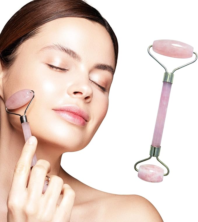 Mina Heal Rose Quartz Face Roller, Lymphatic Drainage Massager, Face Sculpting Tool for Facial Lifting & Tightening, Anti-Wrinkles, Anti-Aging & Skin Rejuvenation (Rose Quartz Roller)