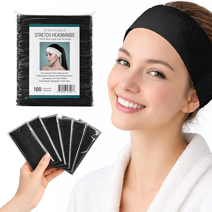 APPEARUS Disposable Stretch Facial Headbands, 100 Count, Snag-Free Adhesive Tab Closure, Spa, Estheticians, Waxing and Lash Extensions, Black