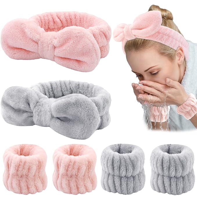 WHAVEL 6PCS Spa Headband and Wristbands Set, Face Wash Headband Wrist Bands for Washing Face Makeup Skincare Hair Band Skin Care Accessories Tools