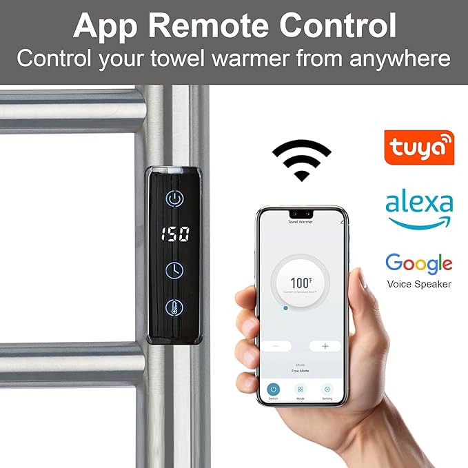 Electric Towel Rack with Voice Control for Alexa & Google Home,TUYA - Wall-Mounted Bathroom Heating Towel Warmer,Plug-in,Stainless Steel Material,16.54x23.62x5.51 in,Brushed，4 Bars