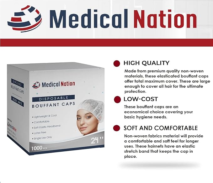 Medical Nation 21" Disposable Bouffant Caps |CASE of 1000, White| Hairnets, Non-Woven, Non-Pleated Head Hair Covers |for Medical, Labs, Nurse, Tattoo, Food Service, Hospital, Cooking - Size 21" White