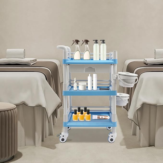 Salon Storage Cart, 3 Tier Rolling Beauty Organizer with 2 Garbage Baskets & 1 Drawer, 80kg/176.37lbs Capacity, Movable Storage Trolley for Beauty Salon SPA (Blue)