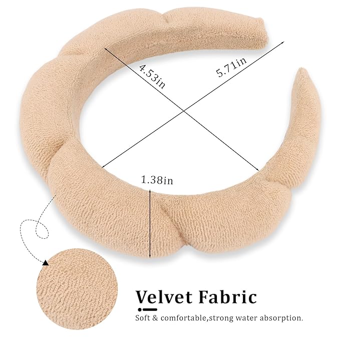 CAVETEE Spa Headband for Face Washing - Terry Cloth Puffy Makeup Headband Set of 2 (Beige & White, one size)