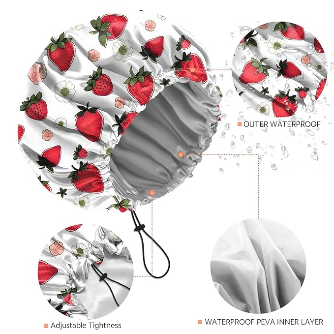 Shower Cap Reusable Double Layer Adjustable Elastic Waterproof EVA Hair Bath Caps for Women Girls Cute Aesthetic-Strawberry