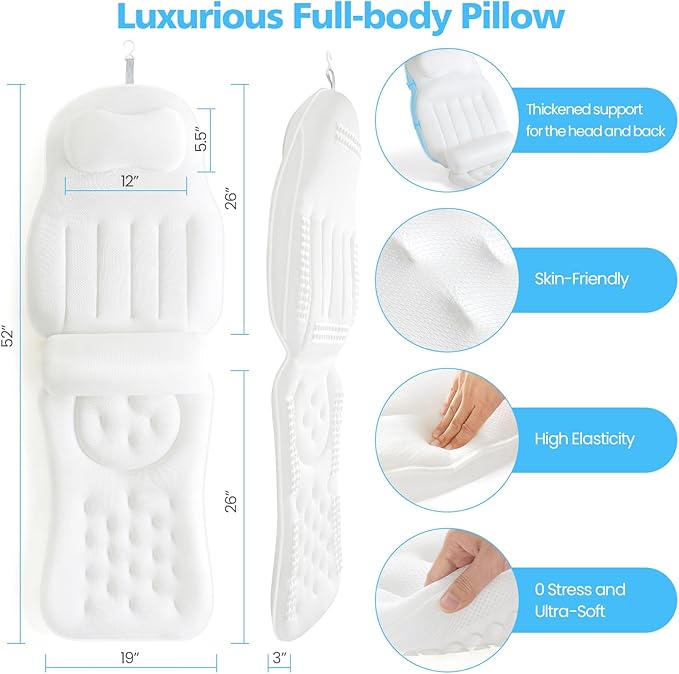 Full Body Bath Pillow for Bathtub,Thick Bathtub Cushion Soft 5D Mesh Spa Cushion,Luxury Tub Pillow with Laundry Bag for Headrest Neck and Back Support,Gift for Soaking (White)