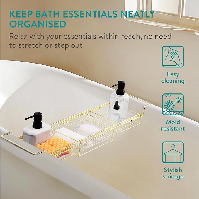 Navaris Gold Wire Bath Tray - Adjustable Bath Caddy - Organiser Trays for Bathtub - Extendable Bath Toy Storage Shelf for Across The Bath - Robust & Easy to Clean Over Bath Rack