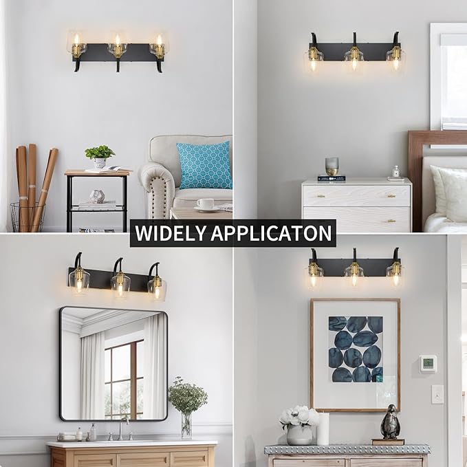 Black 3-Light Vanity Light with Clear Glass Shades, 23.62'' Industrial Black Gold Bathroom Wall Lights for Bedroom Hallway Living Room Kitchen
