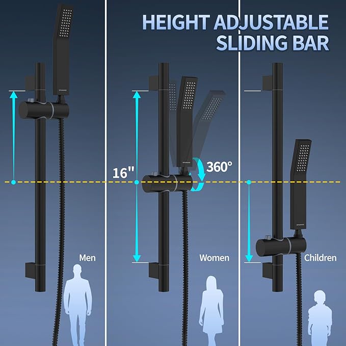 SR SUN RISE 12 Inch Slide Bar Shower Faucet Luxury High Pressure Shower Heads and Handheld Spray Combo Set Wall Mounted Shower System Included Valve and Trim Kit, Matte Black