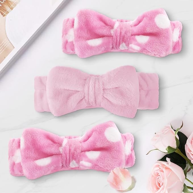 WILLBOND 24 Pieces Spa Headband Bulk Skincare Headbands Face Wash Makeup Hairband Bow Facial Washing Face Head Wraps Adjustable Soft Flannel Towel for Women Shower (Sweet)