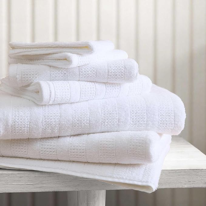 Martha Stewart - Bath Towels, Soft & Absorbent 100% Cotton Towels, Solid 500 GSM, 6-Piece Bathroom Towel Set with Textured Weave (Bedford Cottage White)