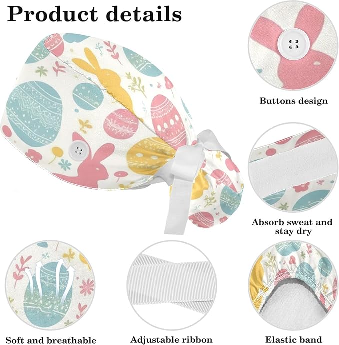 Scrub Caps Women Ponytail Cute Pink and White Leaves Caps Bouffant Working Hat Elastic Tie Back Hats with Button