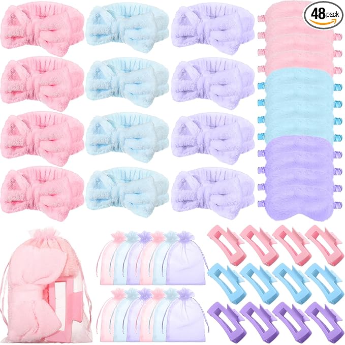 48 Pcs Spa Party Supplies Sleepover Essentials Gift for Mother's Day Spa Headband Plush Eye Mask Claw Clips Organza Bag for Women Adult Slumber Party Supplies (Pink,Blue,Purple)
