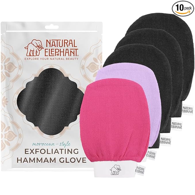 Natural Elephant Exfoliating Hammam Glove - Face and Body Exfoliator Mitt 5 and 10 Packs (3 Black, 1 Pink, 1 Lilac (Pack of 5))