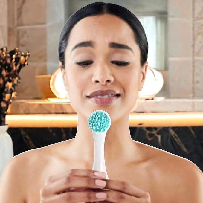 Face Brush, 2 in 1, Facial Cleansing Exfoliating Brush, Double Sided Soft Bristles & Silicone Facial Scrubber. Deep Pore Exfoliation, Blackhead Remover, Makeup Remover, Manual Use (Cotton Candy)