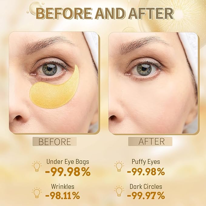 Hicream Golden Under Eye Patches - 30 pair Eye Mask Pure Gold Anti-Aging Collagen Hyaluronic Acid Under Eye Mask for Dark Circles, Puffiness & Wrinkles Refresh Your Skin