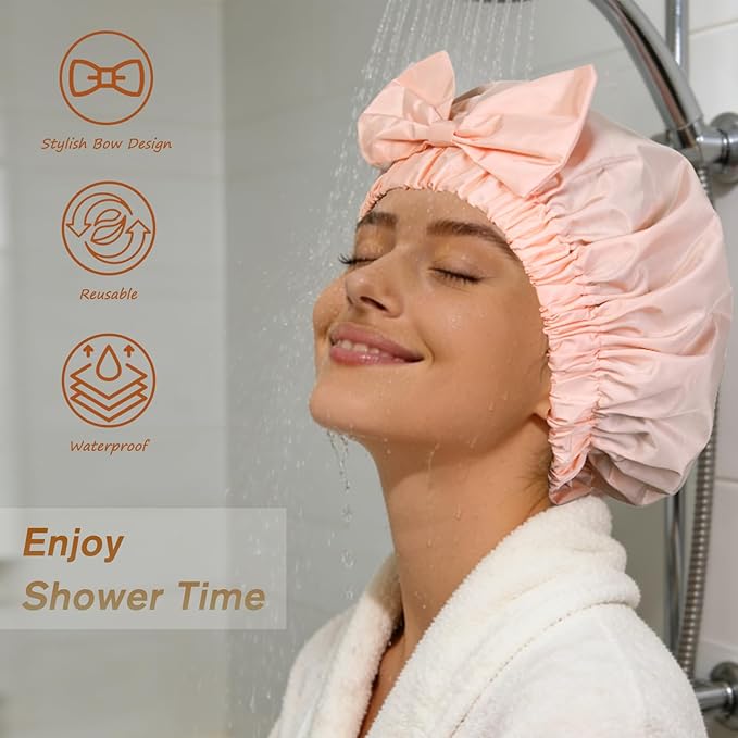 Shower Cap for Women, Cute Bow Waterproof Reusable Bath Cap, Non-Slip Anti Humidity, Roomy Anti-Frizz for Short Medium Wavy Hair, Soft Elastic & Machine Washable, Pink