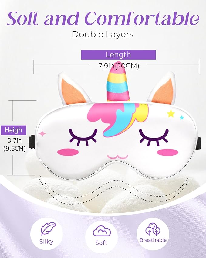 Miss Adola Sleep Mask for Kids - Valentines Gift for Kids Cute Silk Eye Cover for Sleeping Soft Kawaii Eyeshade Animal Eye Blindfold with Adjustable Strap for Girls Teens, Unicorn