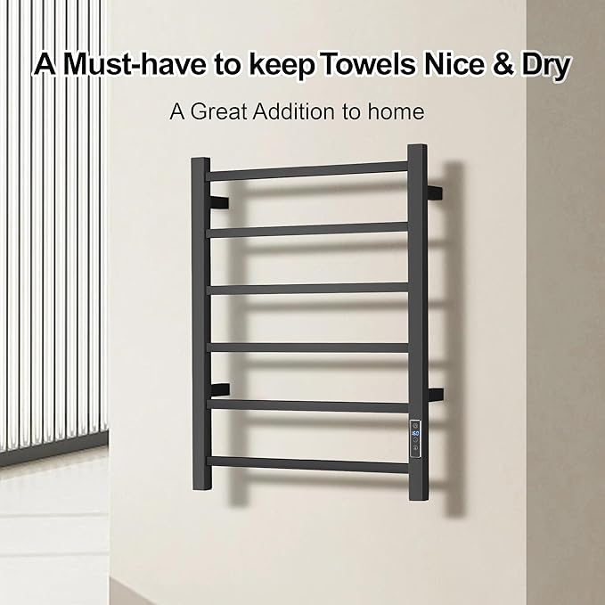 Electric Heated Towel Warmer - Wall Mounted Bathroom Towel Rack, Plug-in Design & Brushed Stainless Steel Black with Timer & Temperature Control 6 Bar