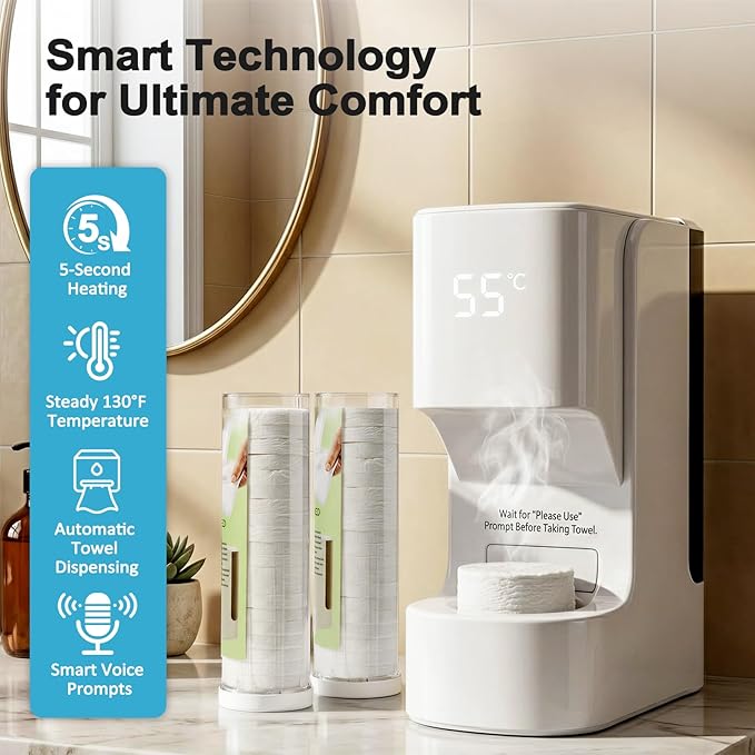 Hot Towel Dispenser, Smart Hot Face Towel Dispenser, 5-Second Rapid Heating, Automatic Heating & Dispensing, 131°F Constant Temperature, Includes 20 Compressed Towels, for Spa Bathroom & Home, White