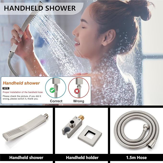 Midanya Shower System with Tub Spout,Bathtub Shower Faucet Set with Square Rainfall Head and Handheld Sprayer Wall Mount Tub Faucet Set with Valve and Trim Kit,8 Inch Brushed Nickel