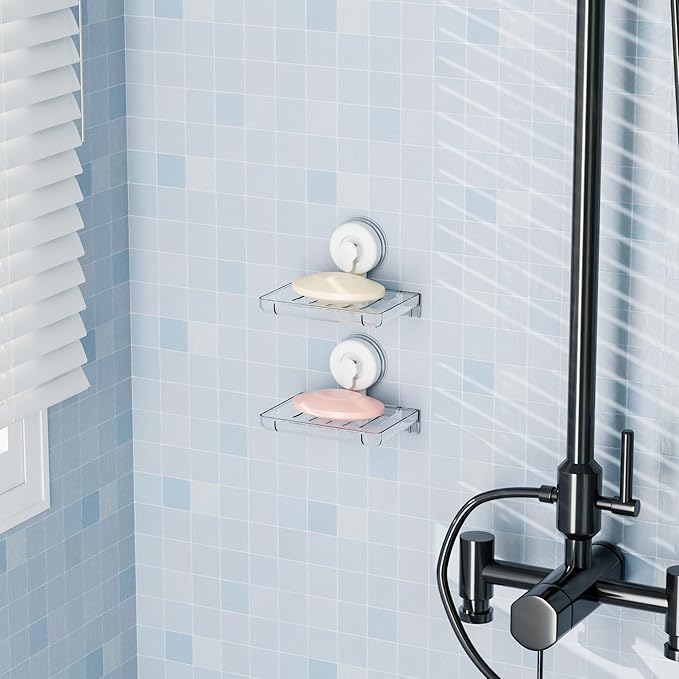 SUOXING 2 Pack Bar of Soap Holder for Shower with Suction Cup,Rustproof Wall Mounted Acrylic Shower Soap Rack & Caddy for Bathroom,Bath,Kitchen,Plastic Self Draining Soap Holder and Soap Shelf,Clear