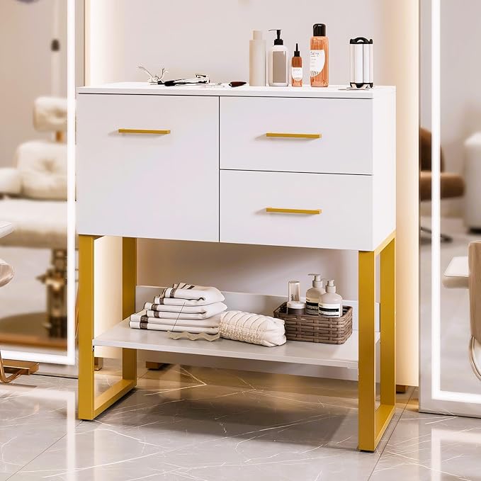 OmySalon Professional Barber Station, Salon Stations for Hair Stylist, Storage Cabinet with 3 Hair Dryer Holders, 2 Drawers, Hairdressing Organizer Table for Beauty Spa Barbershop Home, White Gold