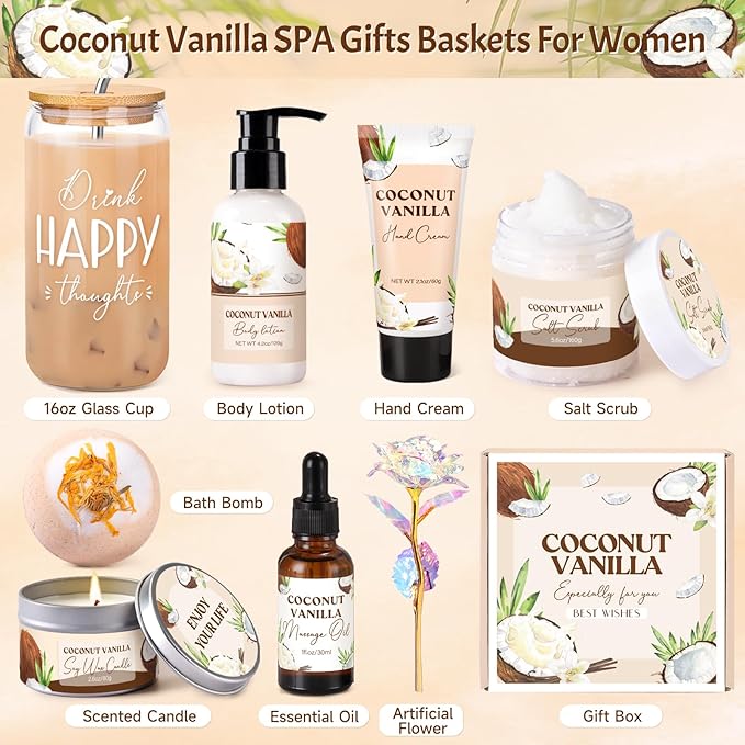 Mothers Day Gifts for Mom, Spa Gift Baskets for Women, Vanilla Coconut Bath and Body Gifts Set for Women, Home Spa Self Care Gift, Relaxing Bath Set for Mom Wife Sister Friends Sister Girlfriend