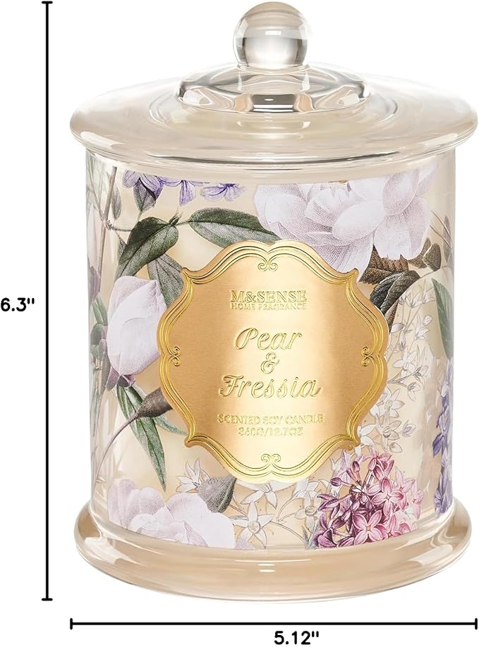 M&SENSE Pear Freesia Spring Natural Soy Wax Candle, 12.7oz 75H Large Jar Slow Burning, Stress Relief Aromatherapy, Romantic Perfect Present for Mom Her