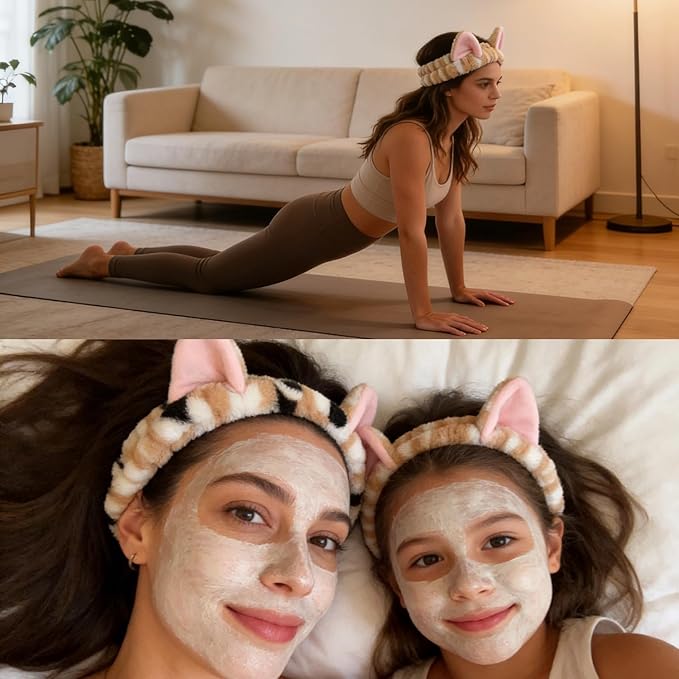 2 PCS Cute Cat Ear Spa Headband For Washing Face, Skincare Makeup Headbands For Women, Soft Coral Fleece Hair Accessories (Yellow+Leopard)