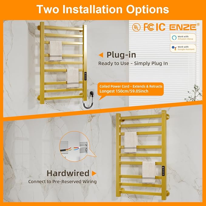 ENZE Smart Heated Towel Rack, 9-Bar Wall-Mounted Electric Towel Warmer 230W, Wi-Fi App Control & LED Touch Screen, Adjustable Temperature & 24H Timer, IPX5, Plug-in/Hardwired, Gold, Low Carbon Steel