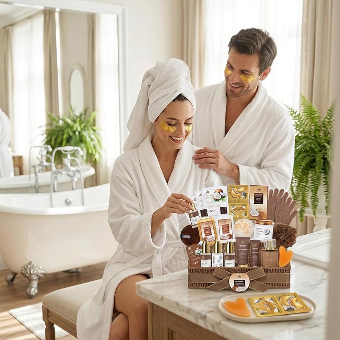 32 Pcs Mother's Day Gift for Mom, Coconut Vanilla Spa Gift Basket Set for Women & Men, Hydrating Face Skin Care Set, Bath & Body Gift Basket, Birthday, Christmas, Anniversary, Wife