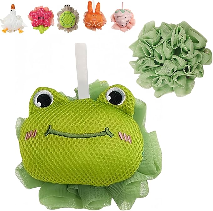 Kids Loofah, Cute Cartoon Animal Kids Bath Sponge with Hanging Rope, Soft Double Mesh for Rich Lather (Green Frog)