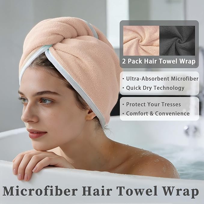 VOOVA & MOVAS Gray & Pink Microfiber Hair Towel Wrap for Women 2-Pack, Super Absorbent Quick Dry Hair Towels for Wet Hair After Shower, Soft Lightweight Hair Wraps