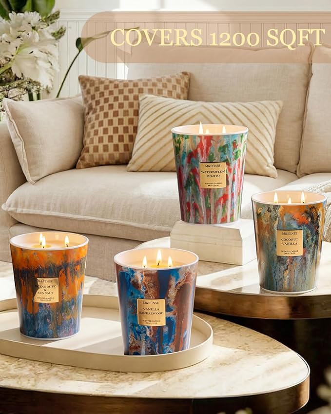 M&SENSE Large 3-Wick Ocean Scented Soy Candle, 35oz 150 Hours Non-Toxic, Fresh Spring Spa Home Fragrance, Decorative Relaxing Candle for Home Decor