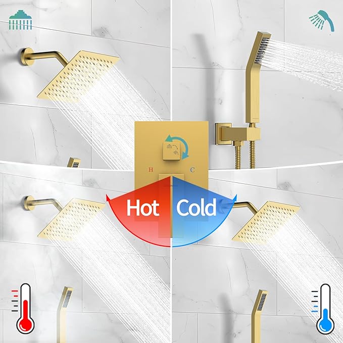 SR SUN RISE Shower System - Shower Faucet Set with 8 Inch Rain Shower Head and Handheld Shower - High Pressure Rain Shower System - All Metal Shower Faucet Trim Repair Kits - Brushed Gold