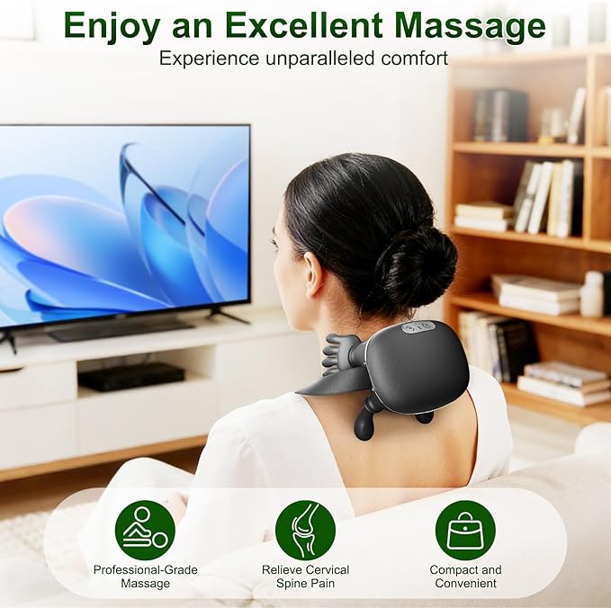 Nooydio Neck Massager, Neck and Back Massager with Heat & 4D Kneading, Shiatsu Deep Tissue Wireless Massager for Shoulder Cervical Pain Relief, Portable Rechargeable for Home Office (Black)