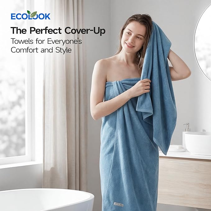 ecolook Bath Towels Set of 4,100% Cotton,27 x 55 Inches,Quick-Drying & Absorbent,Soft,Lightweight Towels for Bathroom,Shower,Spa, Gym & Hotel,Light Blue