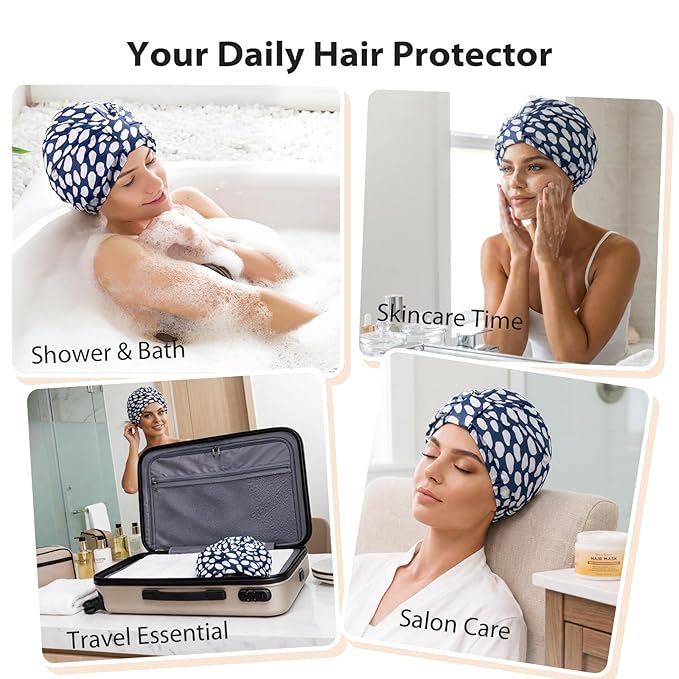INNELO Luxury Shower Cap for Women Reusable Waterproof, Double Layered Shower Hair Cap with Adjustable Elastic Strap, Large Satin Lined Shower Bath Cap for Long Curly Straight Hair, Blue