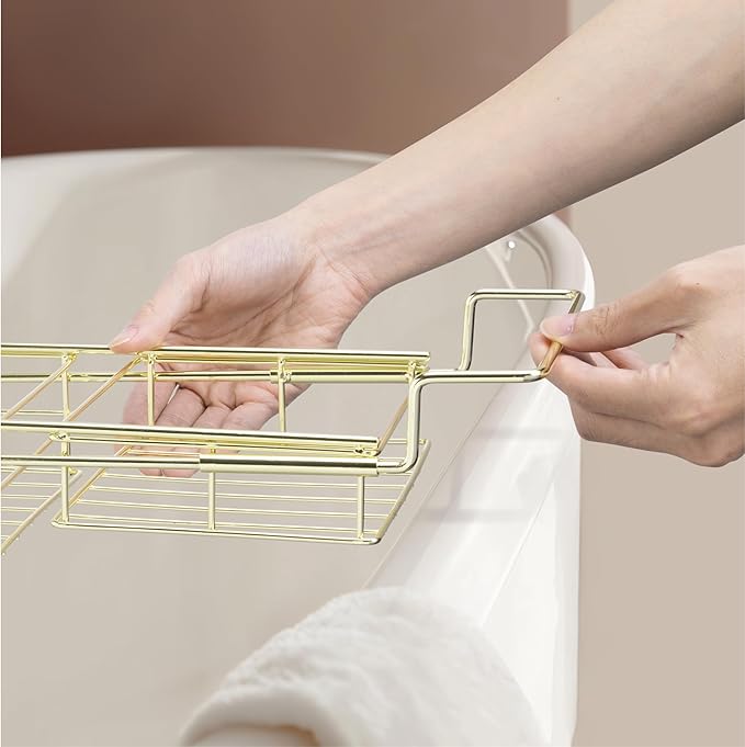 Navaris Gold Wire Bath Tray - Adjustable Bath Caddy - Organiser Trays for Bathtub - Extendable Bath Toy Storage Shelf for Across The Bath - Robust & Easy to Clean Over Bath Rack