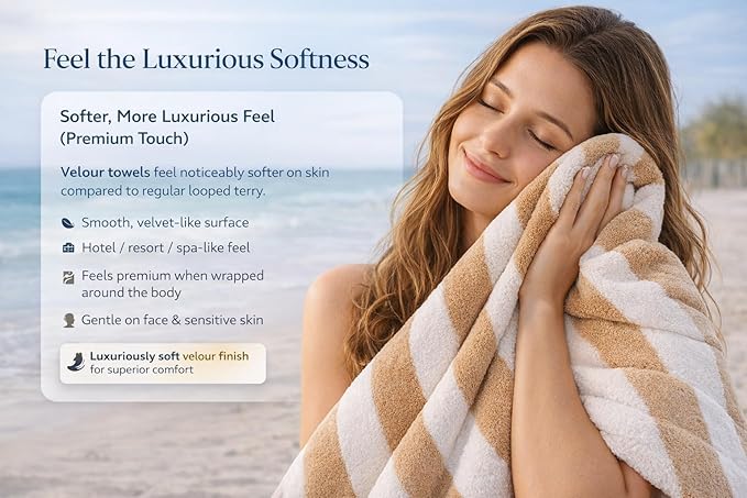 Premium Velour Cabana Beach Towel 4 Pack, 30” x 60” Soft Plush Cotton Pool Towel, Absorbent Quick Dry Towel for Beach and Pool (White Beige)
